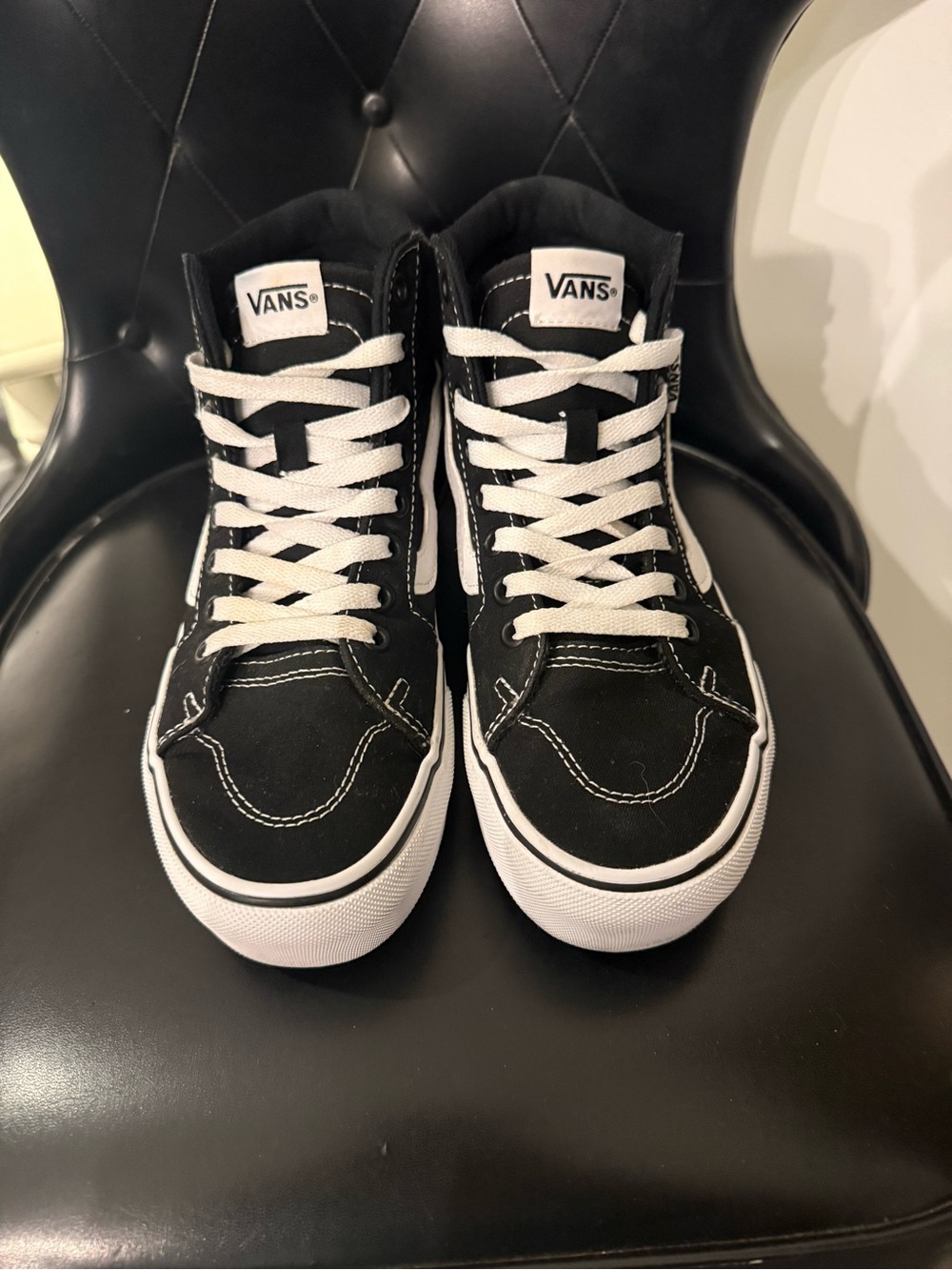 Vans Women’s Sk8-Hi Platform Black/White High-Top Sneakers - Picture 2 of 4